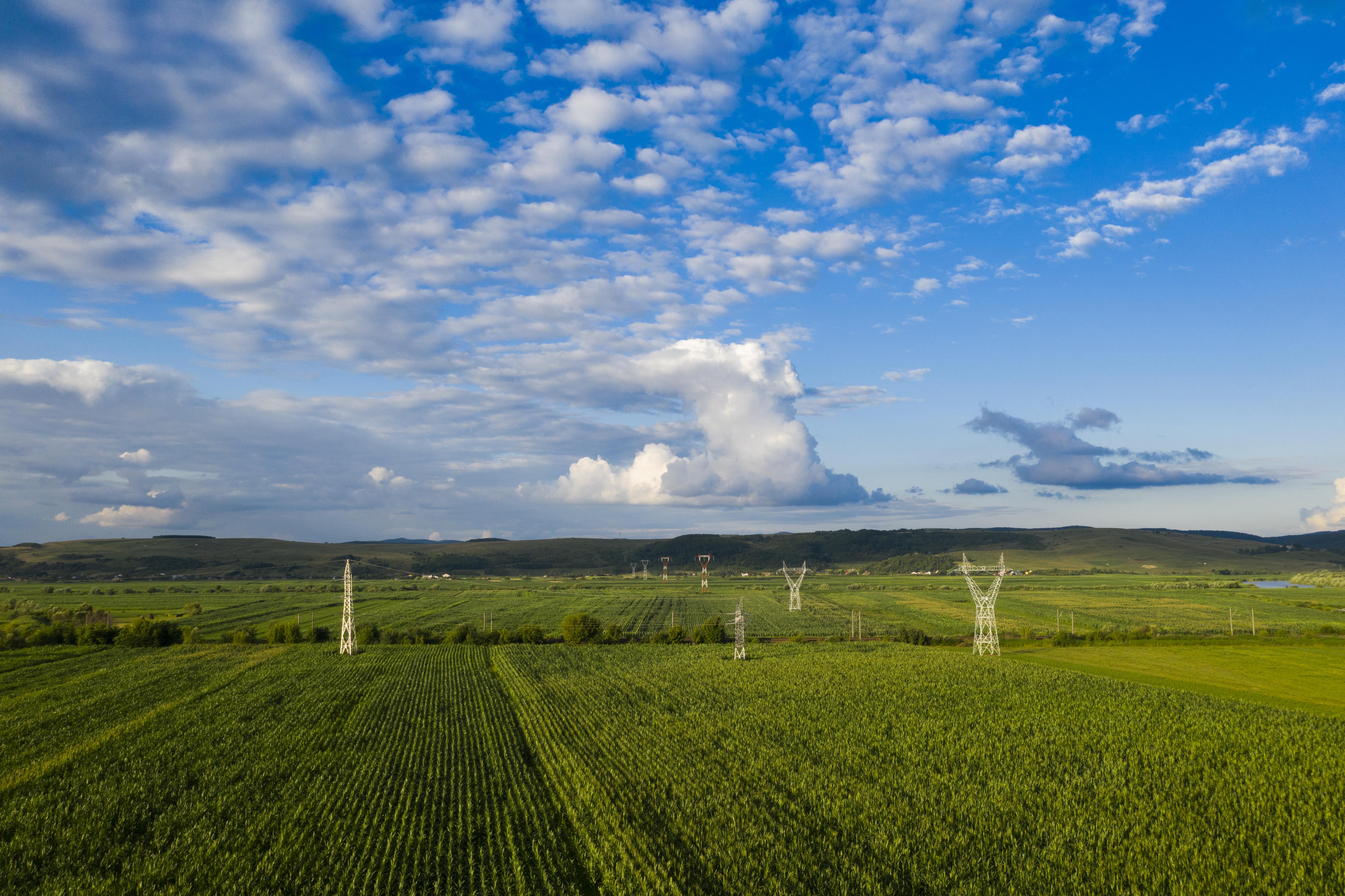 An aerial drone view of lush pastures and farmland